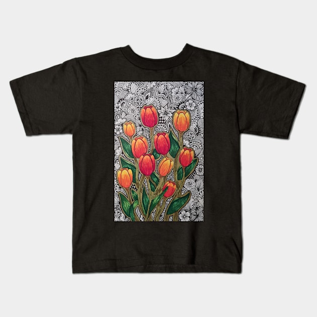 Orange Zentangle Tulips Kids T-Shirt by TheHermitCrab